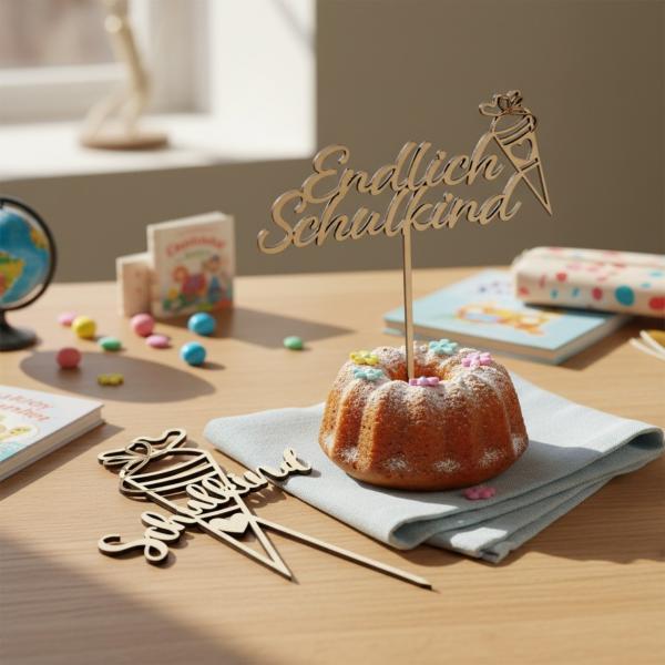 Holz‑Caketopper aus 3 mm Birkensperrholz mit Schriftzug „Endlich Schulkind“ und Schultüte